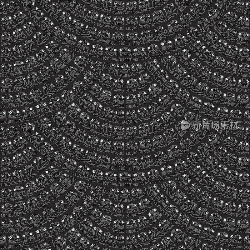 Vector humorous seamless pattern from little octopus white silhouette with decorative ethnic ornaments on a black background. Wallpaper, black and white wrapping paper, Halloween party monster decor